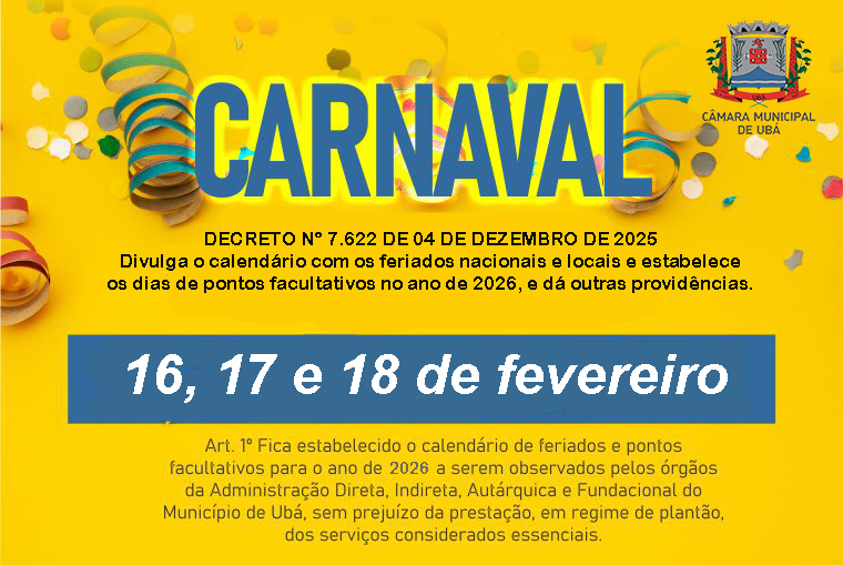 Câmara de Ubá estará de ponto facultativo no carnaval