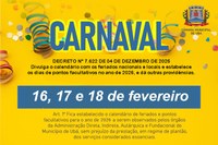Câmara de Ubá estará de ponto facultativo no carnaval