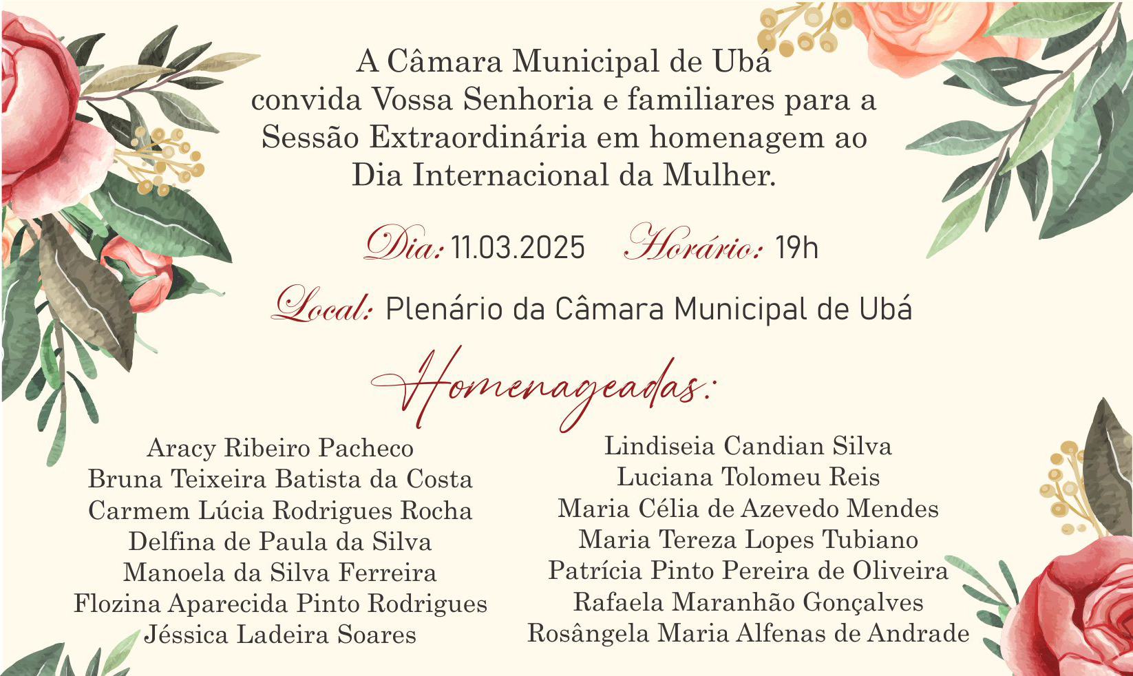 Câmara de Ubá realiza sessão extraordinária para homenagear 14 mulheres