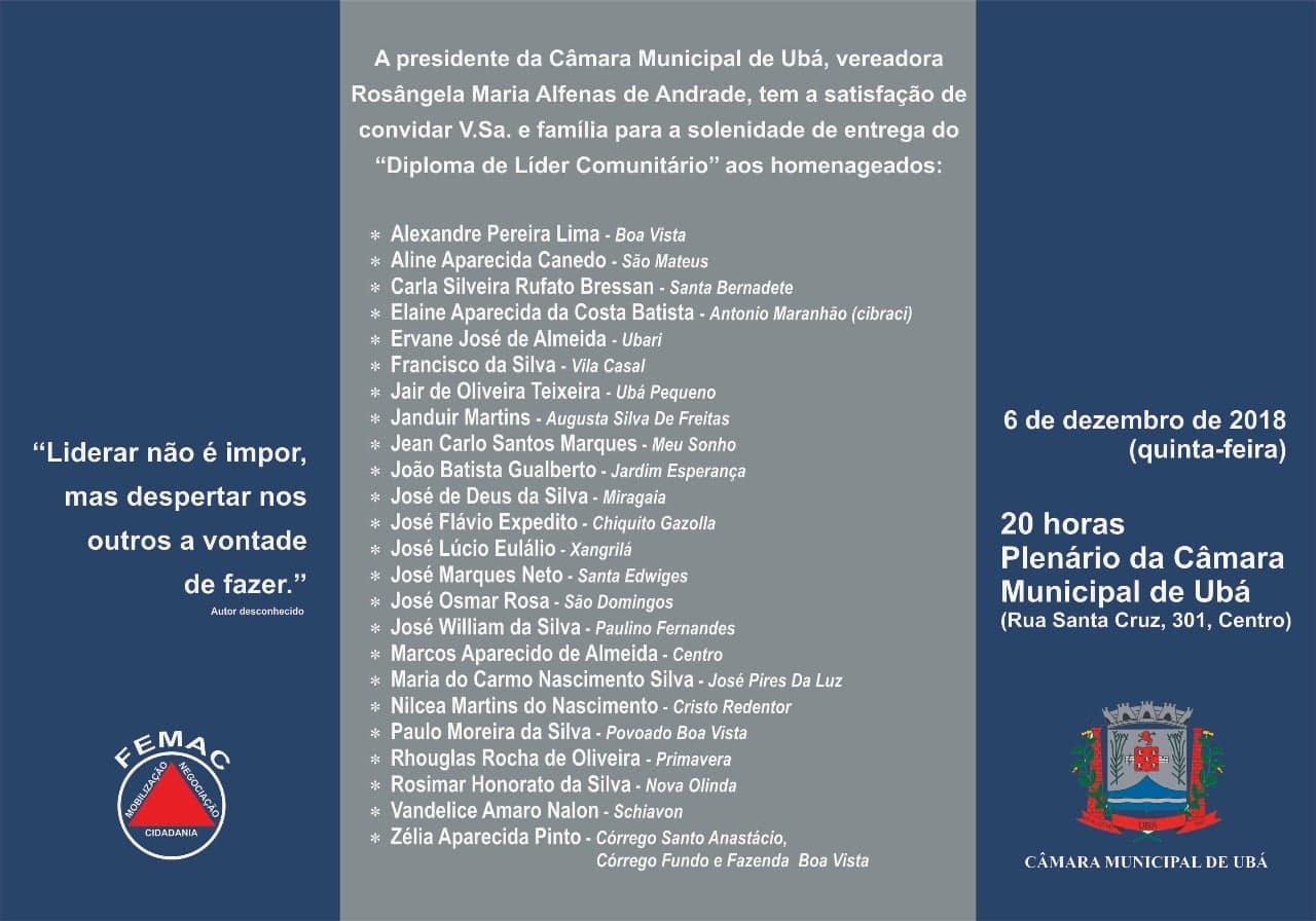 Câmara e Femac realizam sessão solene de entrega do Diploma de Líder Comunitário