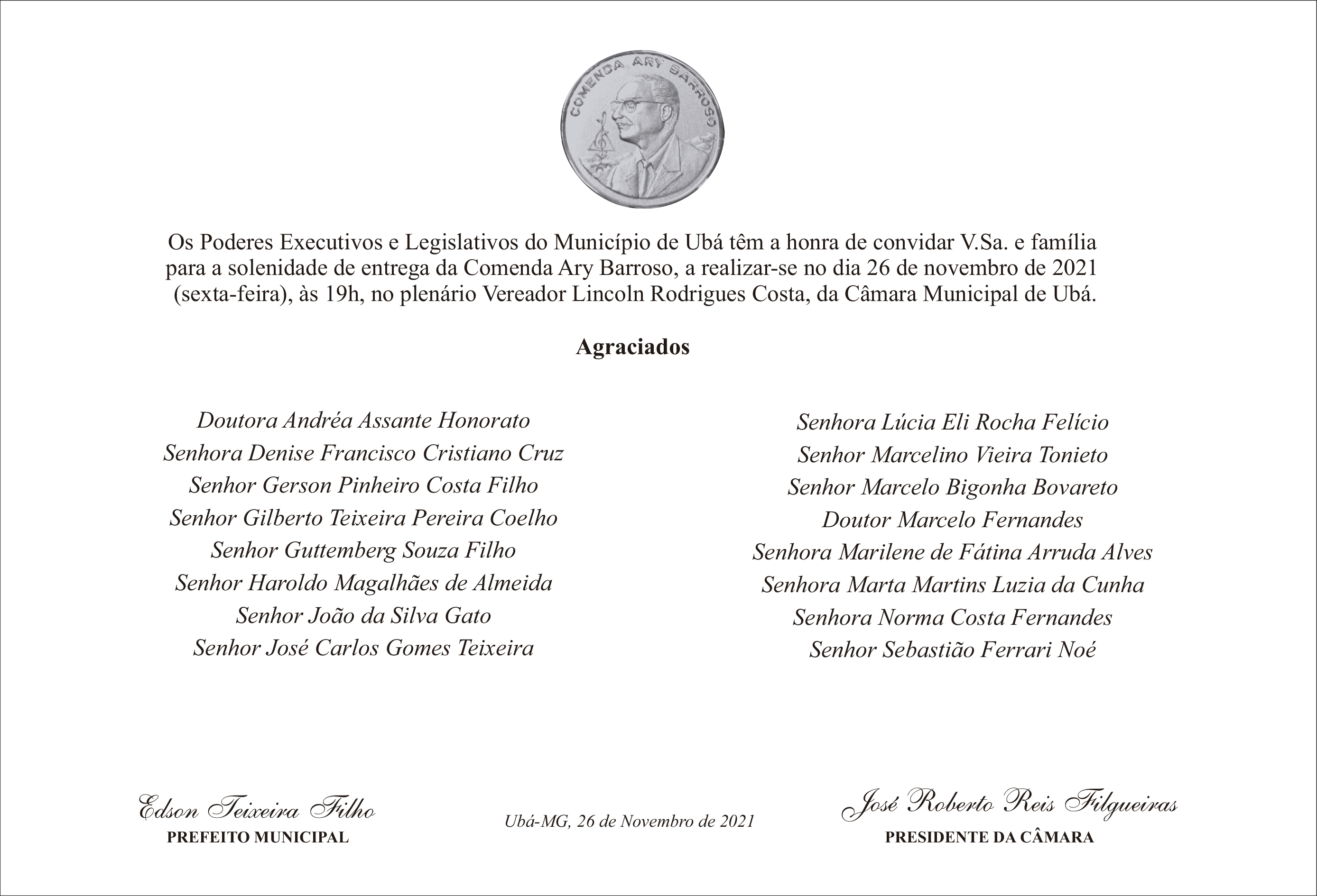 Câmara e Prefeitura realizam solenidade de entrega da Comenda Ary Barroso