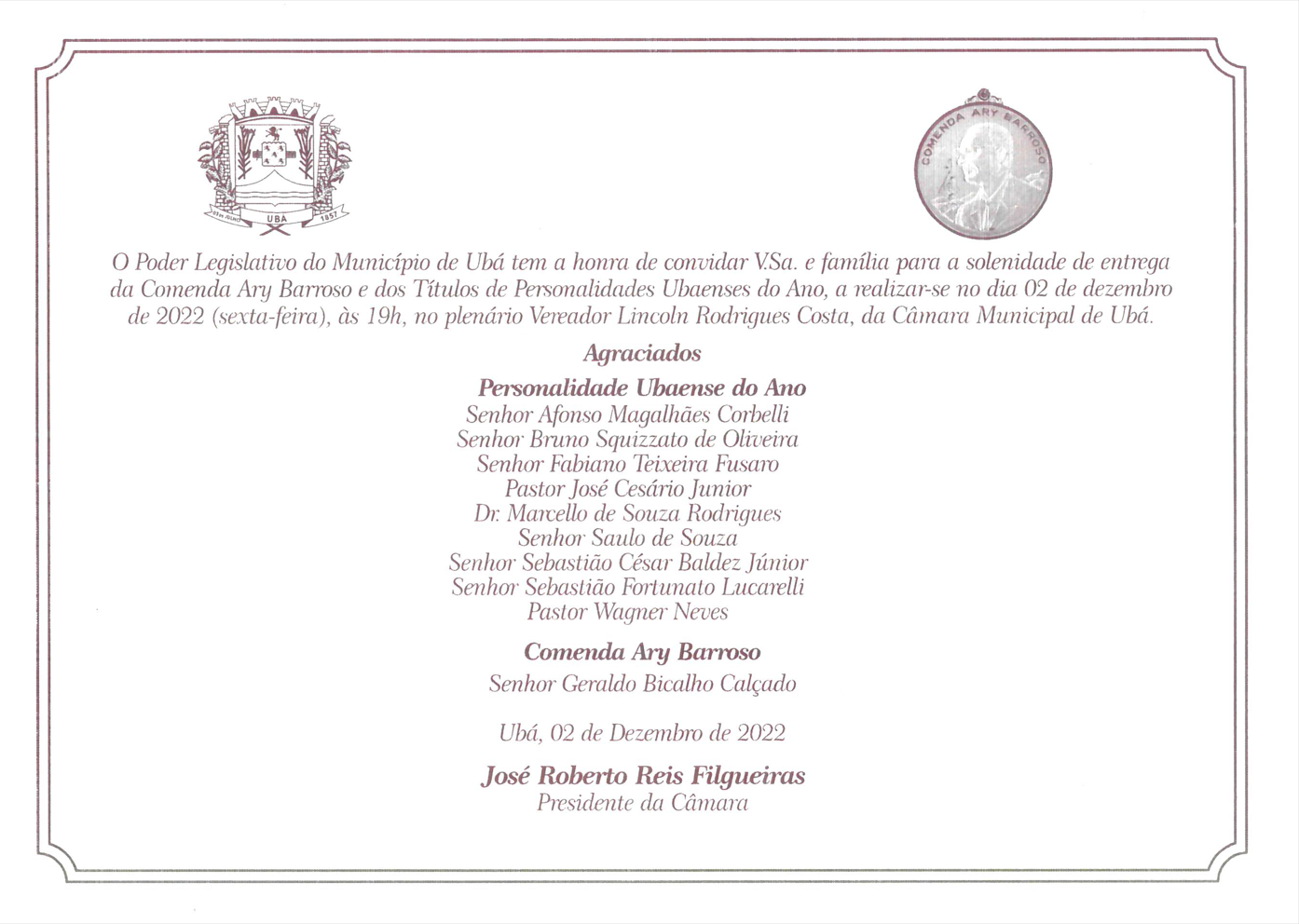 CMU realiza sessão solene para entrega de título de Personalidade Ubaense do Ano e Comenda Ary Barroso