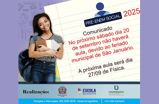 Comunicado: Sábado dia 20 de setembro não haverá aula do Pré-Enem Social