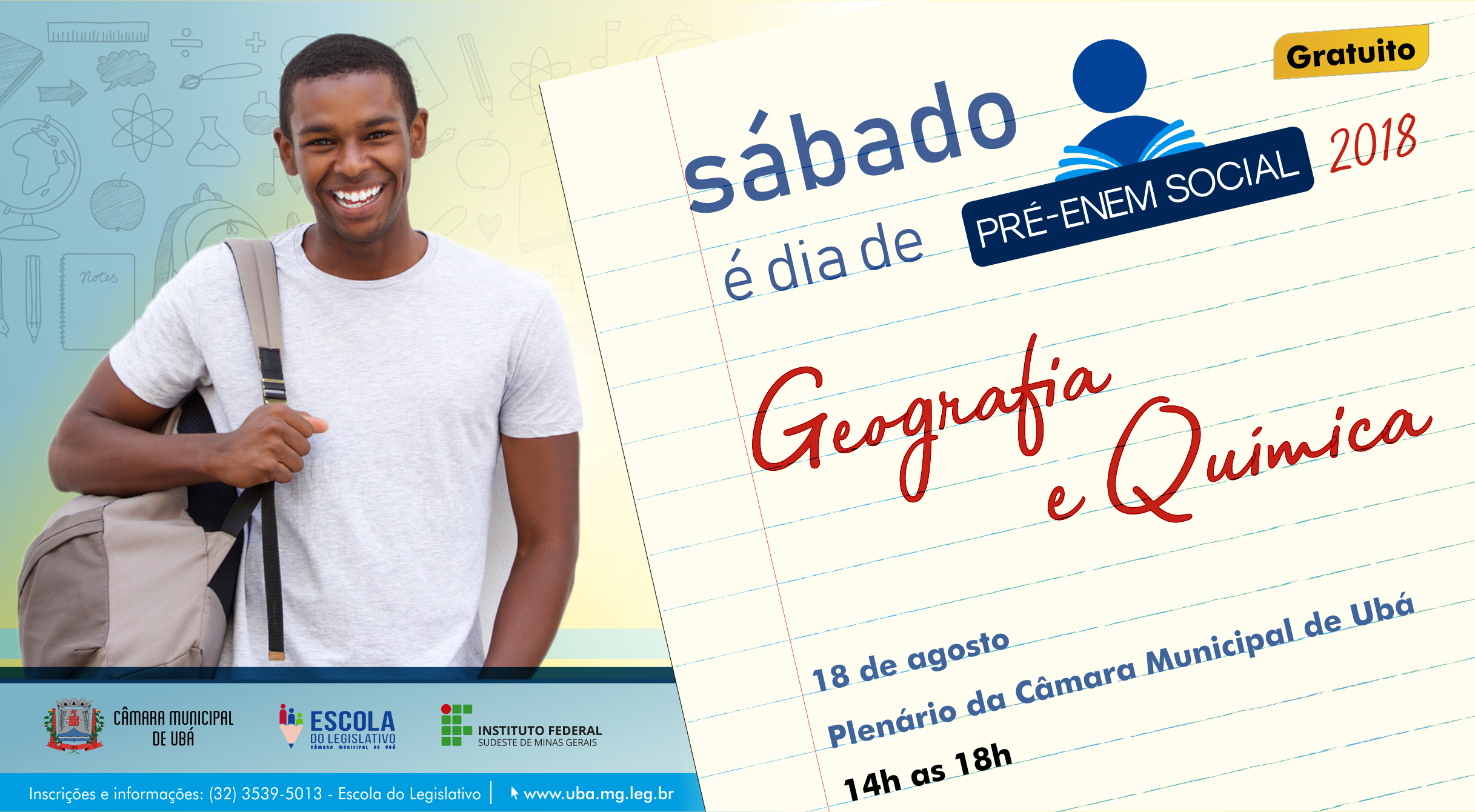 Geografia e Química serão as disciplinas deste sábado no Pré-Enem Social da Câmara