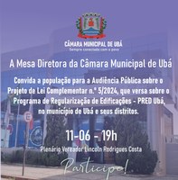 PLC sobre o programa de Regularização de Edificações - PRED Ubá será discutido em audiência pública