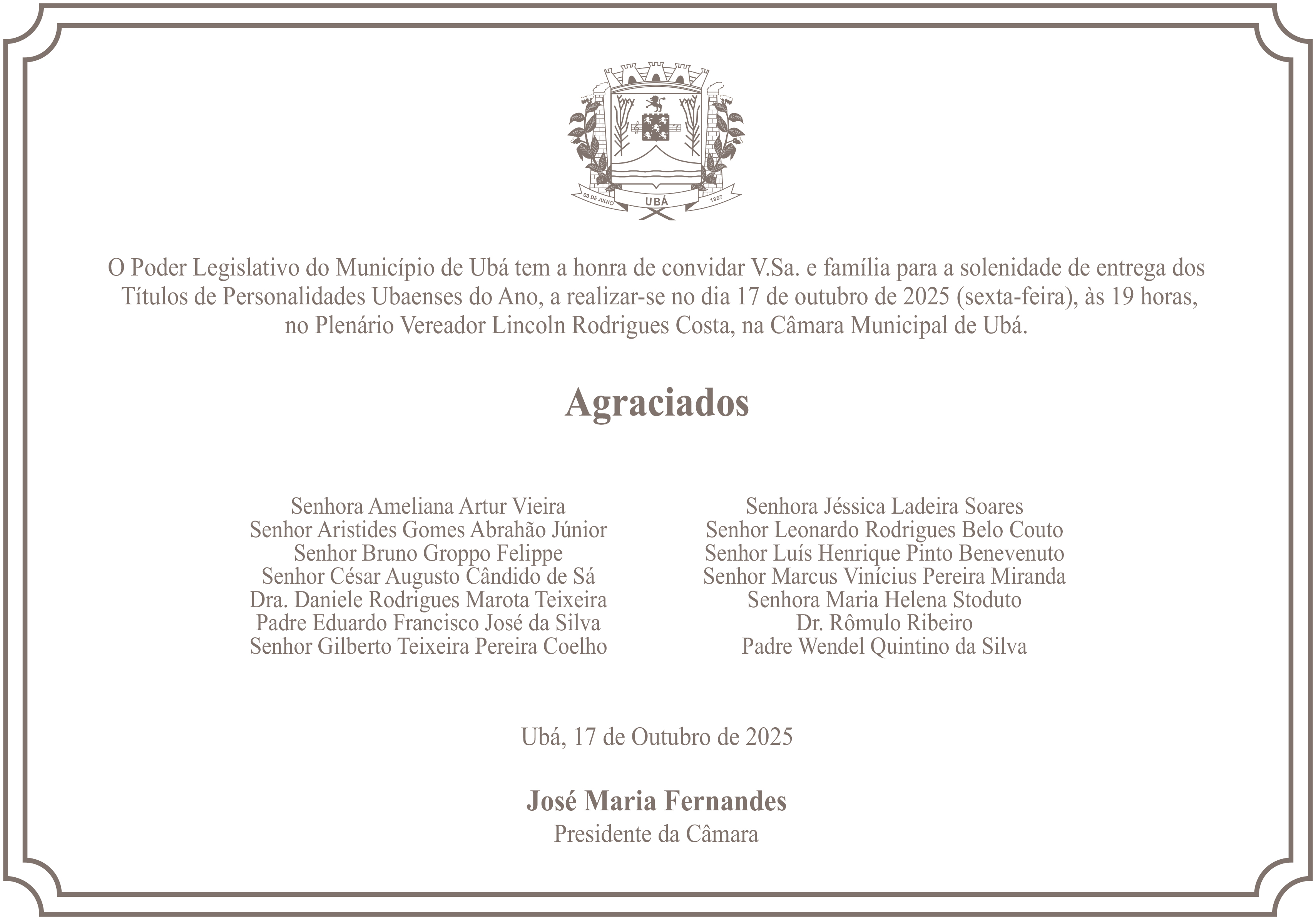 Poder Legislativo realiza solenidade de entrega de Títulos de Personalidade Ubaense do Ano