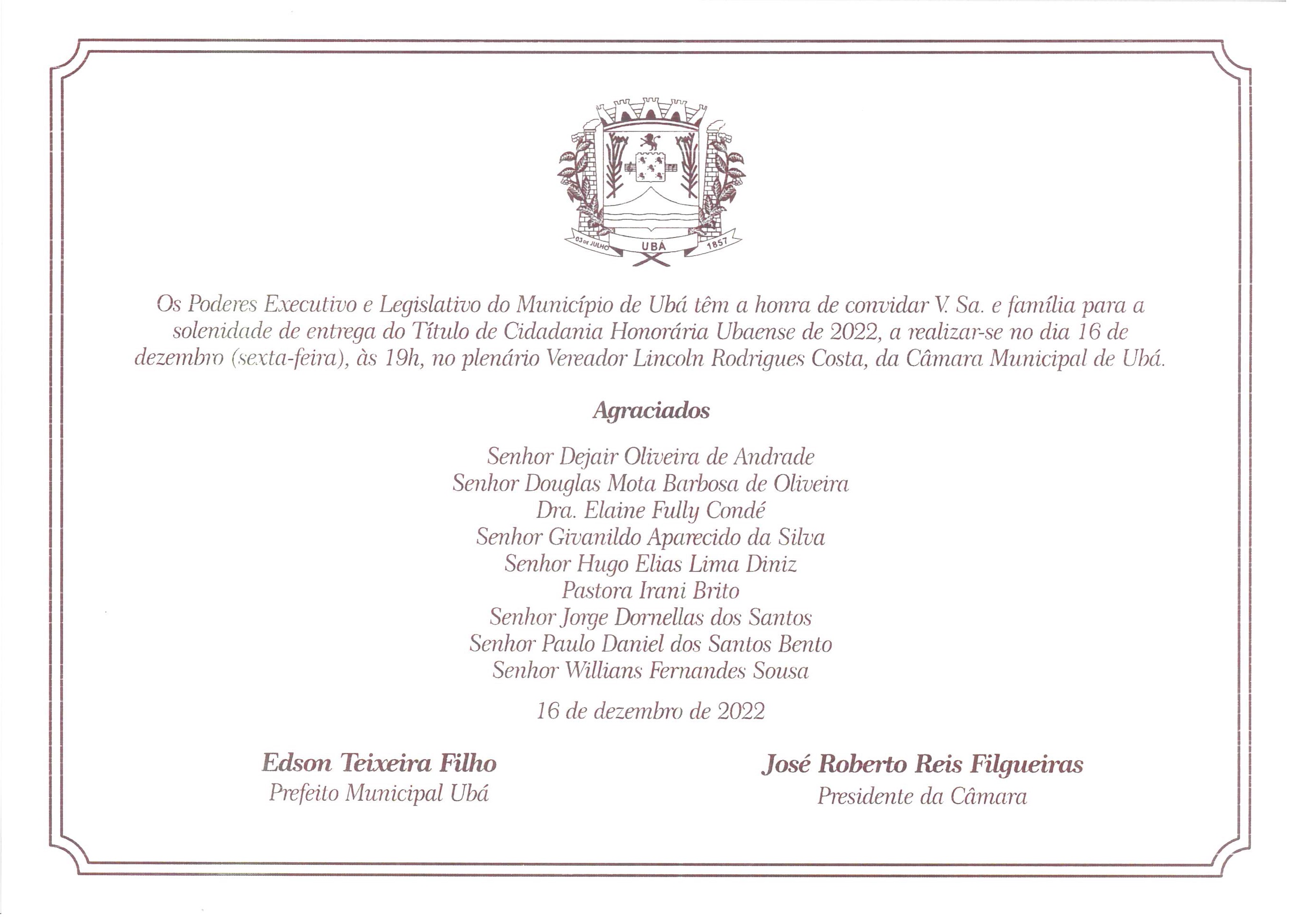 Sessão solene de entrega do título de Cidadania Honorária será realizada em 16 de dezembro