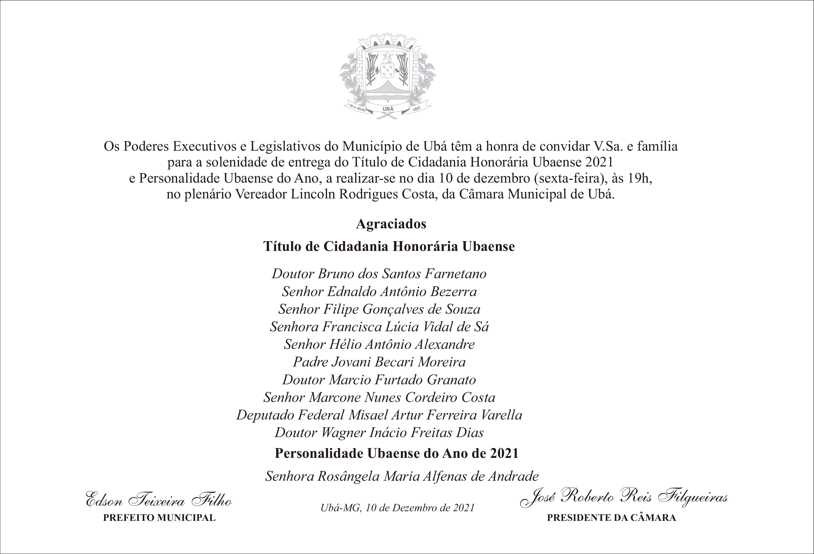 Solenidade de entrega de títulos de cidadania honorária e personalidade será sexta-feira