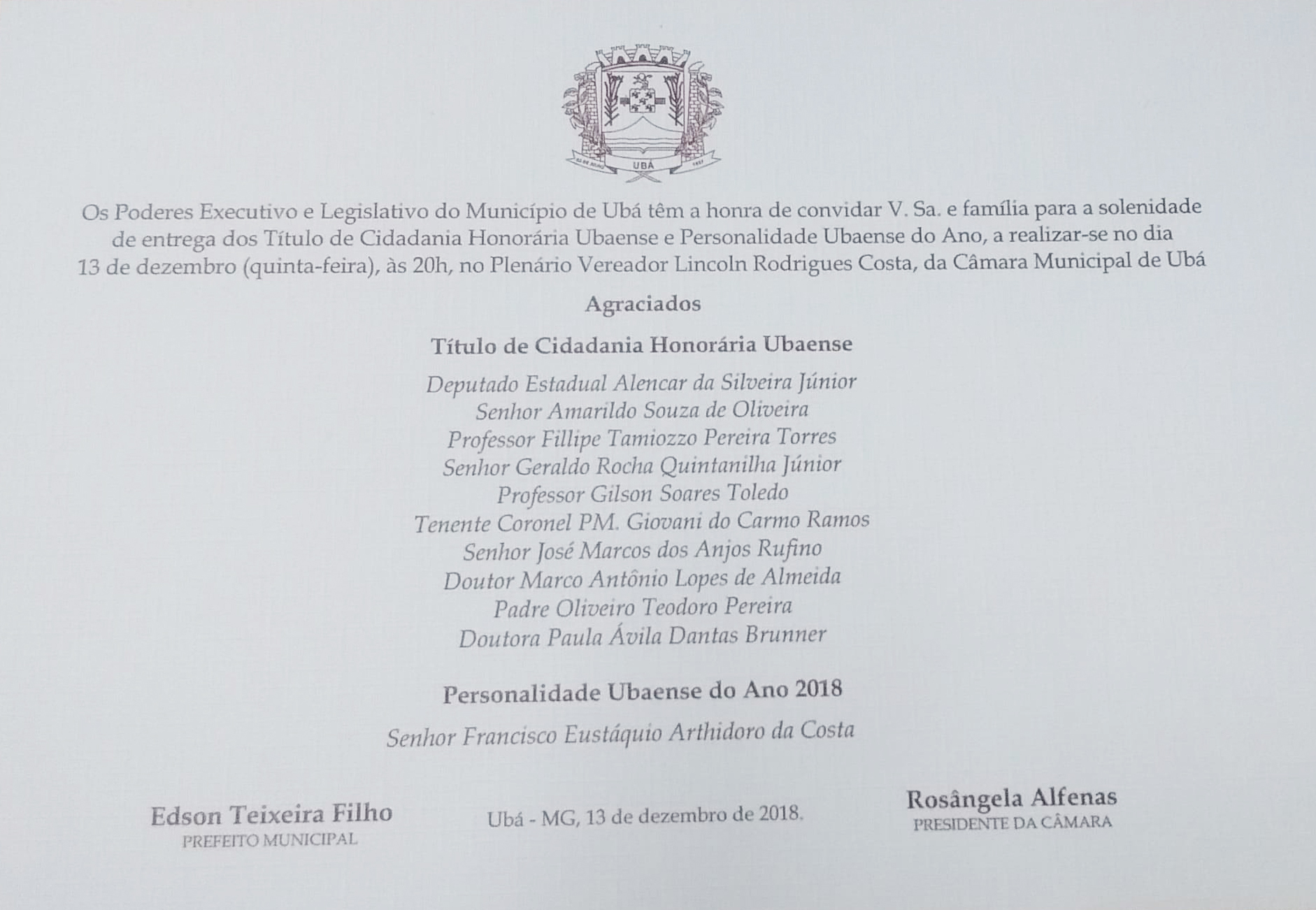 Solenidade de entrega de Títulos de Cidadania Honorária e Personalidade Ubaense será realizada na quinta-feira (13)