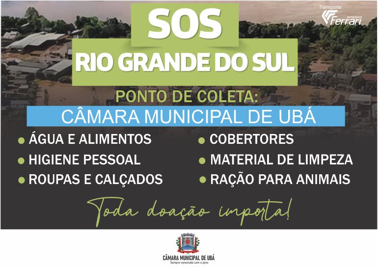 SOS Rio Grande do Sul: Câmara Municipal de Ubá é ponto de coleta de doações
