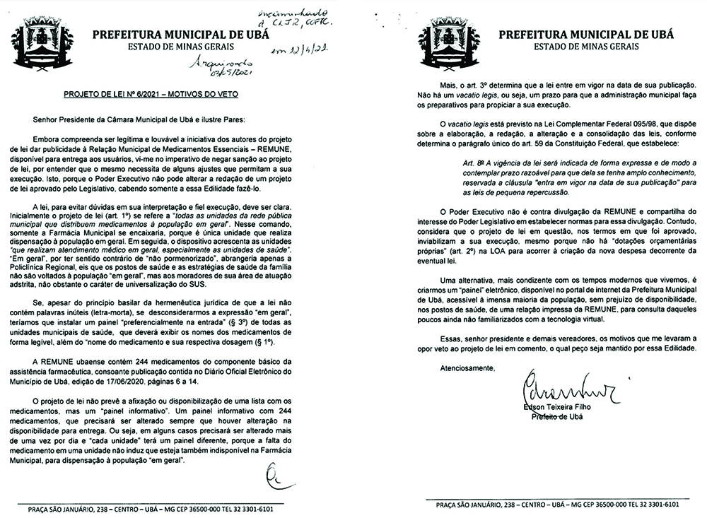 Vereadores mantêm veto do Prefeito a projeto que previa afixação de lista de medicamentos disponíveis na rede pública em unidades de saúde